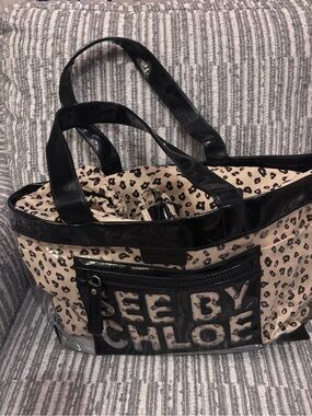 See By Chloe Beige Leopard Print Tote with Black Patent Trim